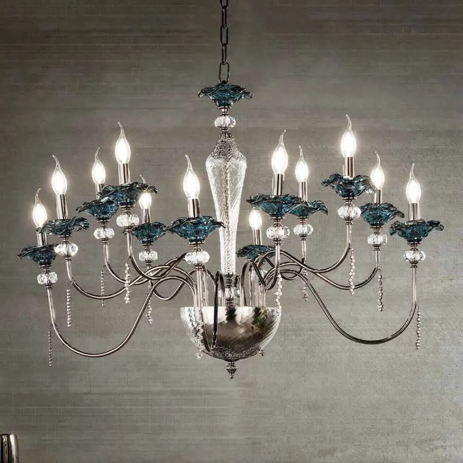 Lampadario 12 Luci Classico in Vetro, Cristallo e Metallo Lusso - Flanders Viadurini