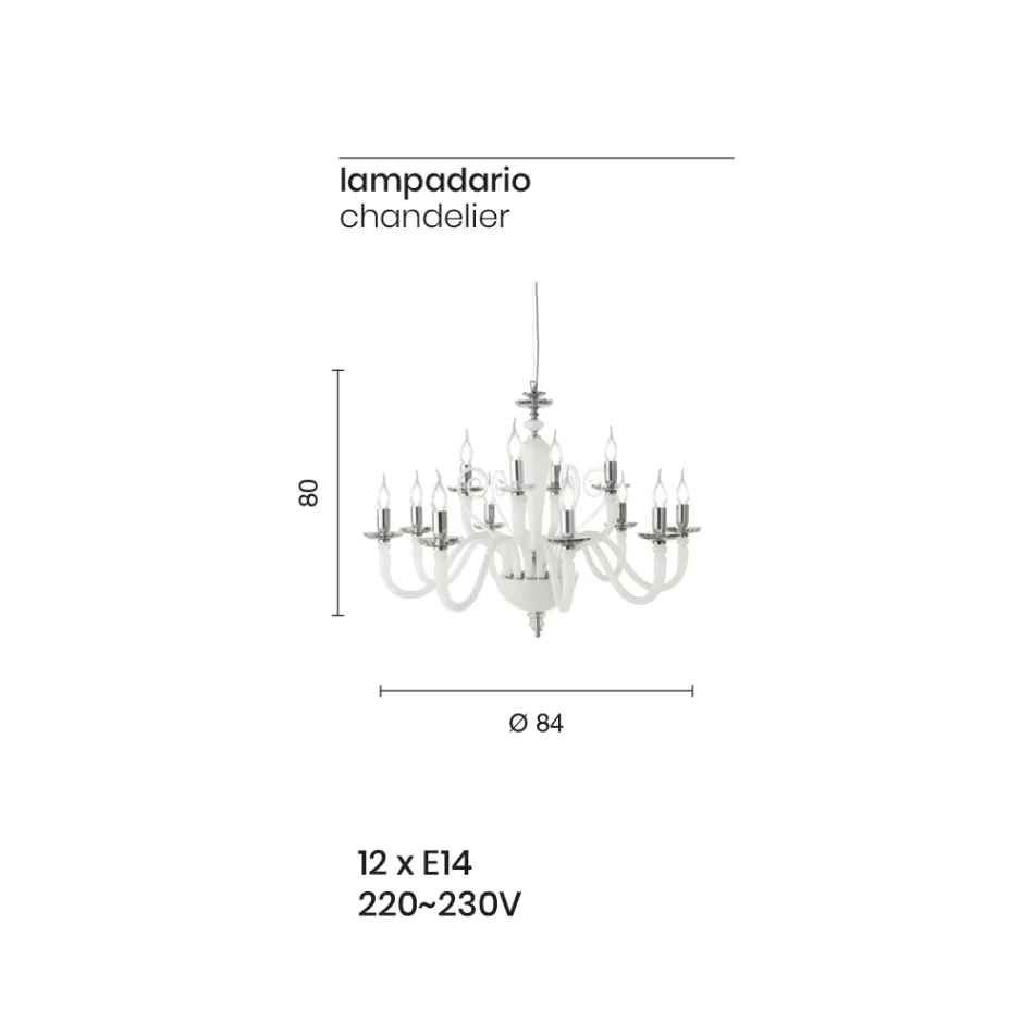 Lampadario 12 Luci Classico in Vetro Fatto a Mano e Cristallo - Mariangela Viadurini