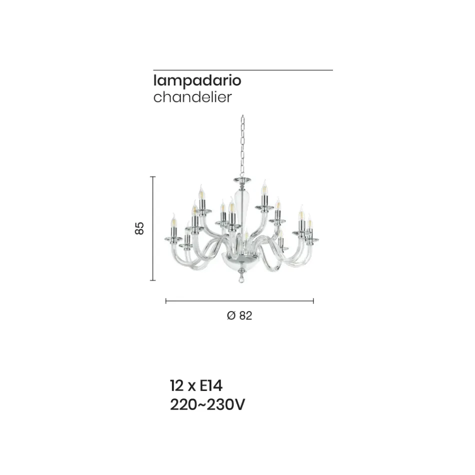 Lampadario 12 Luci Classico in Vetro Trasparente a Mano Italiano - Rapallo Viadurini