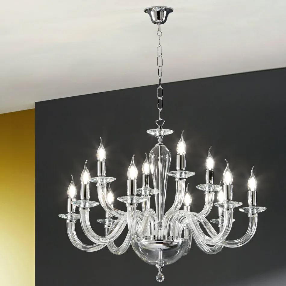 Lampadario 12 Luci Classico in Vetro Trasparente a Mano Italiano - Rapallo Viadurini