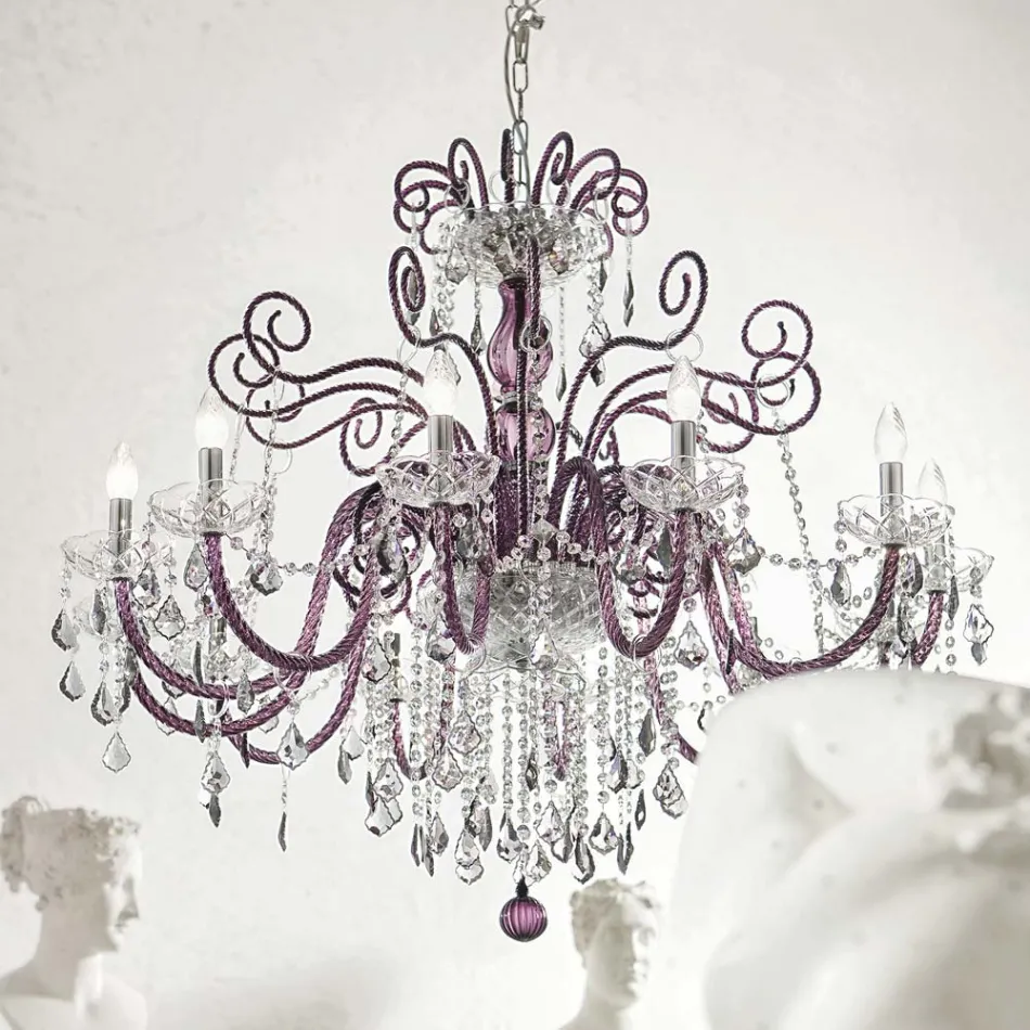 Lampadario 12 Luci in Vetro Veneziano Ametista Made in Italy - Fiorentino Viadurini