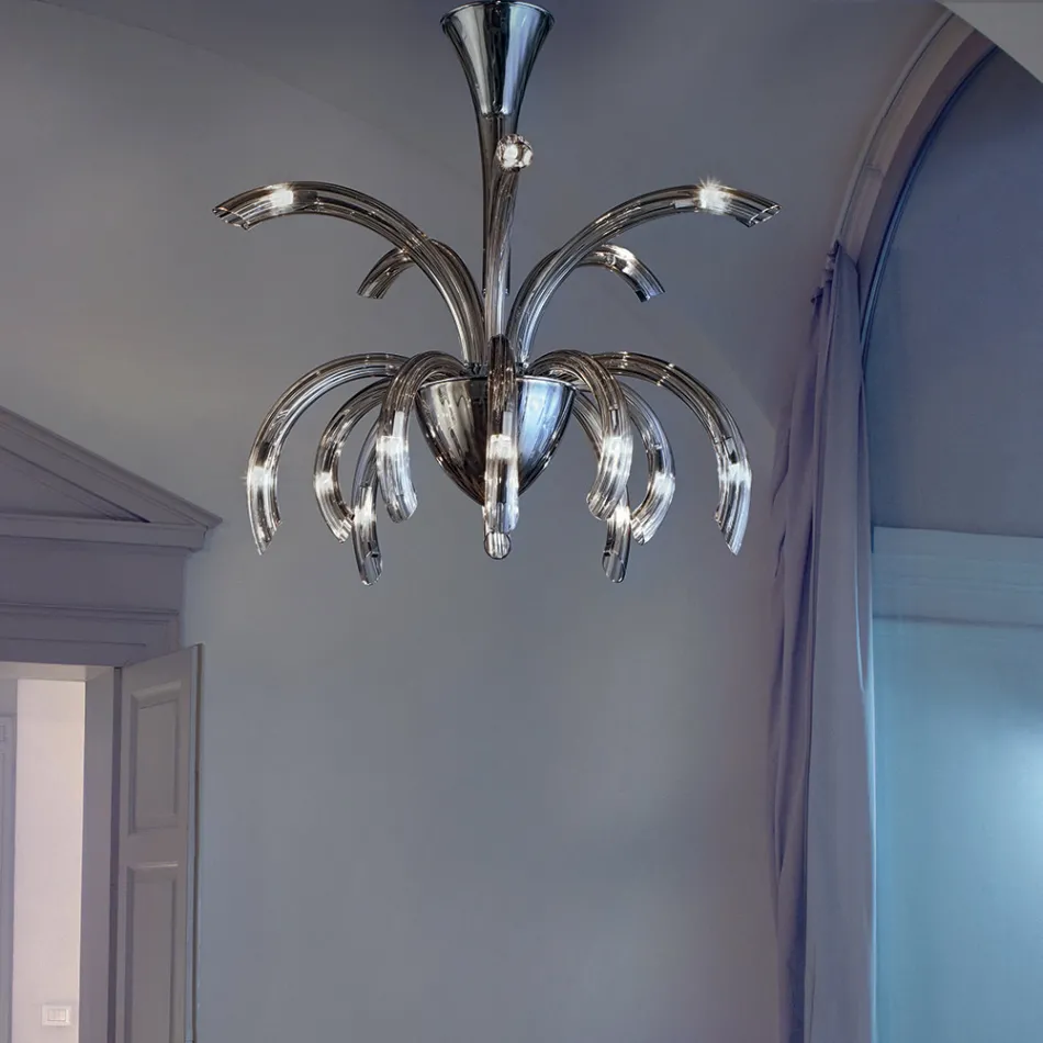 Lampadario 15 Luci in Vetro Veneziano e Metallo Cromo Made in Italy - Jason Viadurini