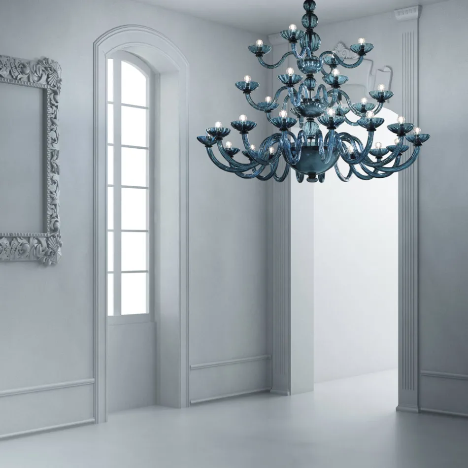 Lampadario 28 Luci Artigianale in Vetro Veneziano Blu e Metallo - Foscarino Viadurini