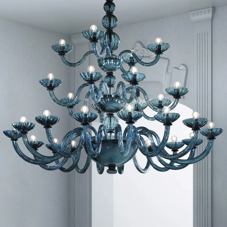Lampadario 28 Luci Artigianale in Vetro Veneziano Blu e Metallo - Foscarino Viadurini
