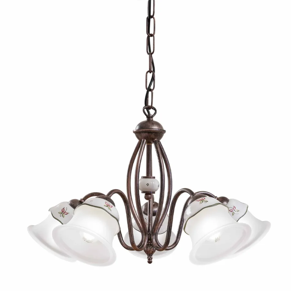 Lampadario 3 o 5 Luci in Ferro, Ceramica Dipinta a Mano e Vetro - Ferrara Viadurini