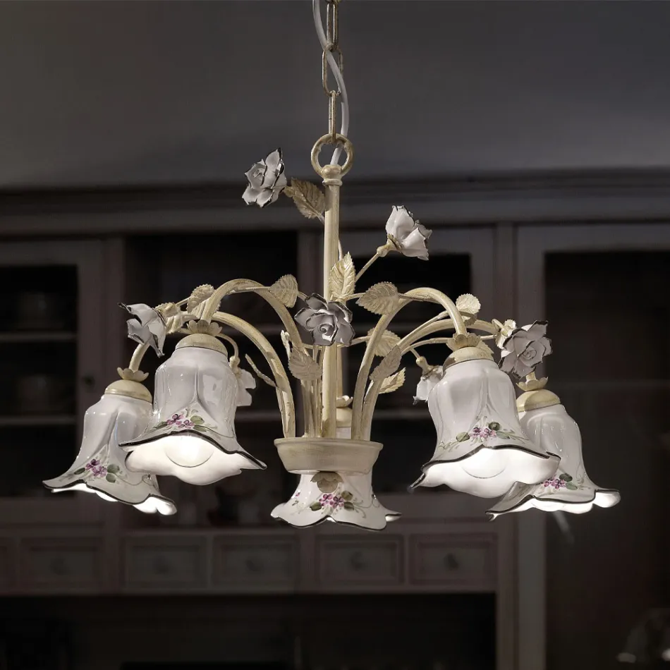 Lampadario 5 Luci in Metallo e Ceramica Decorata a Mano e Rose - Pisa Viadurini