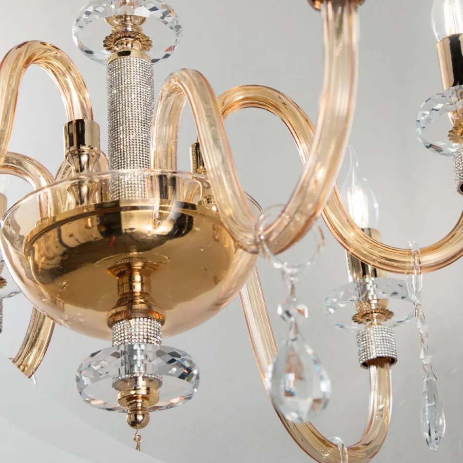 Lampadario 6 Luci Classico Vetro Italiano Lavorato a Mano Ambra - Similo Viadurini