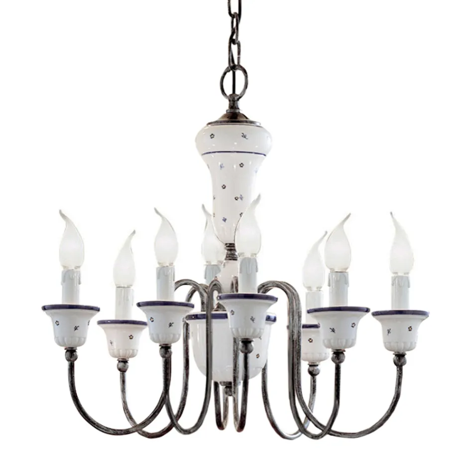 Lampadario 8 Luci Artigianale Ceramica Dipinta a Mano e Ottone - Sanremo Viadurini