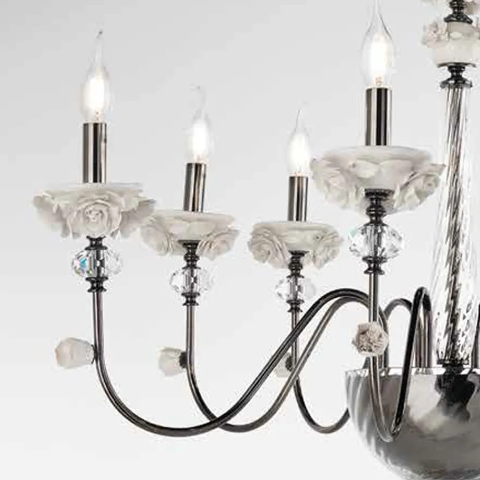 Lampadario 8 Luci Classico in Porcellana e Vetro Soffiato Lusso - Eteria Viadurini