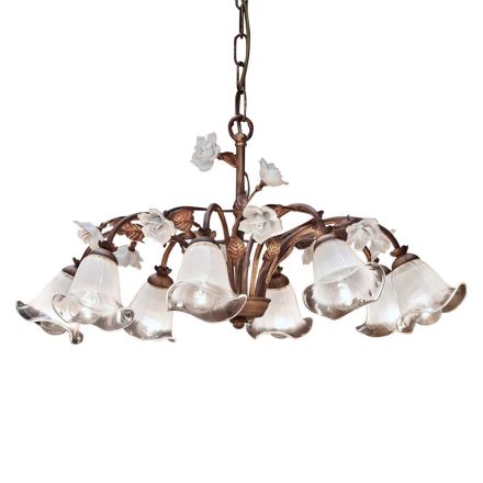 Lampadario 8 Luci in Ferro e Vetro Sabbiato con Rose di Ceramica - Siena Viadurini