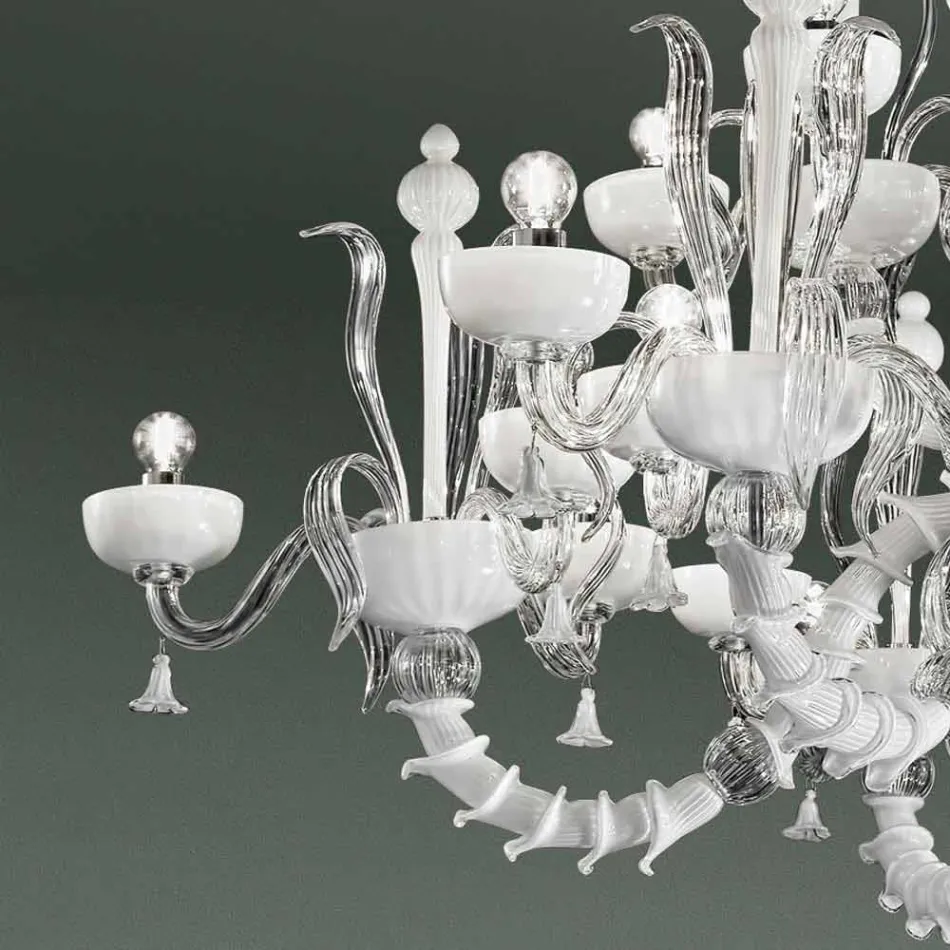 Lampadario a 27 Luci in Vetro di Venezia Bianco, Fatto a Mano in Italia - Regina Viadurini