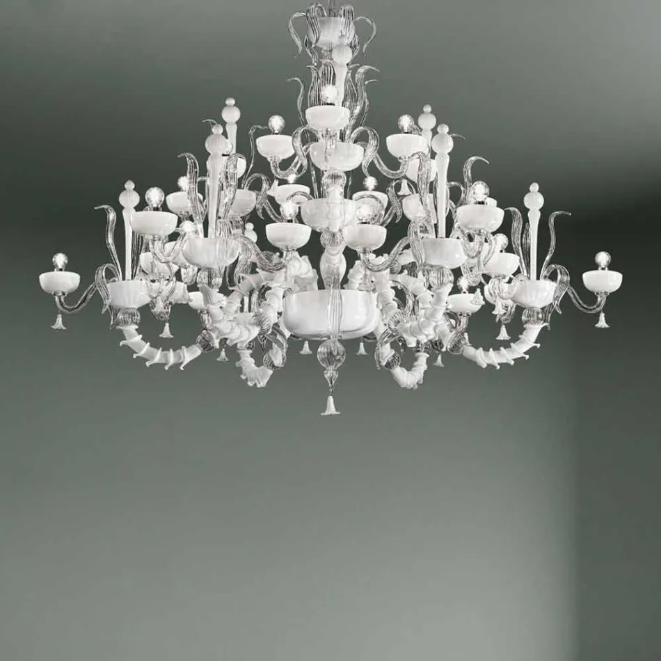 Lampadario a 27 Luci in Vetro di Venezia Bianco, Fatto a Mano in Italia - Regina Viadurini