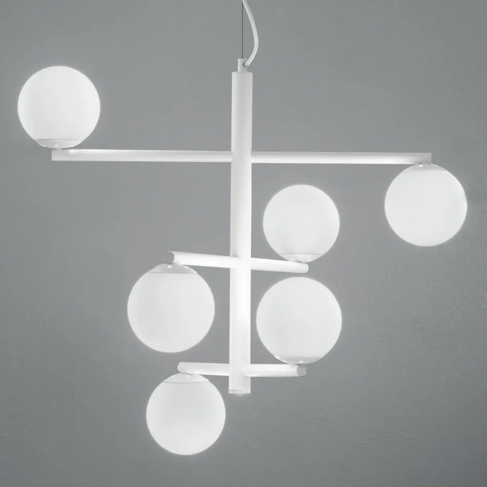Lampadario a 6 Luci in Metallo Verniciato con Diffusori in Vetro - Lido Viadurini