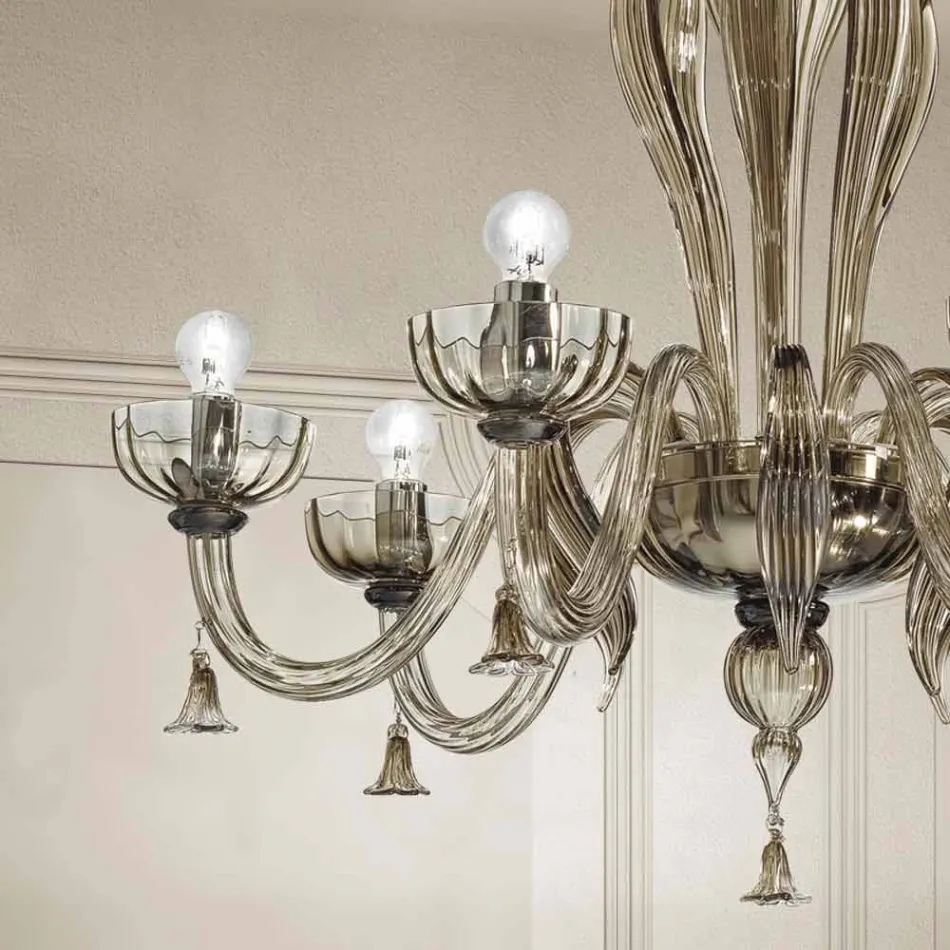Lampadario a 6 Luci in Vetro Veneziano, Realizzato a Mano in Italia - Regina Viadurini