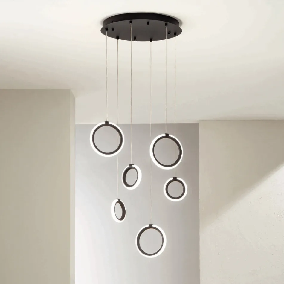 Lampadario Appeso in Metallo Verniciato Nero con 6 Luci LED - Cedro Viadurini