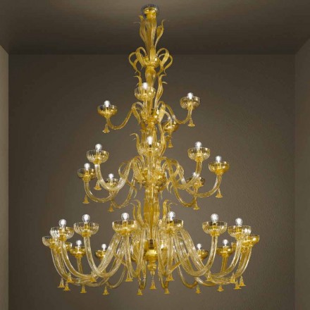 Lampadario Artigianale a 28 Luci in Vetro Veneziano e Oro Made in Italy - Regina Viadurini