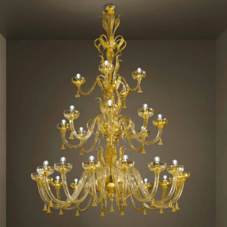 Lampadario Artigianale a 28 Luci in Vetro Veneziano e Oro Made in Italy - Regina Viadurini