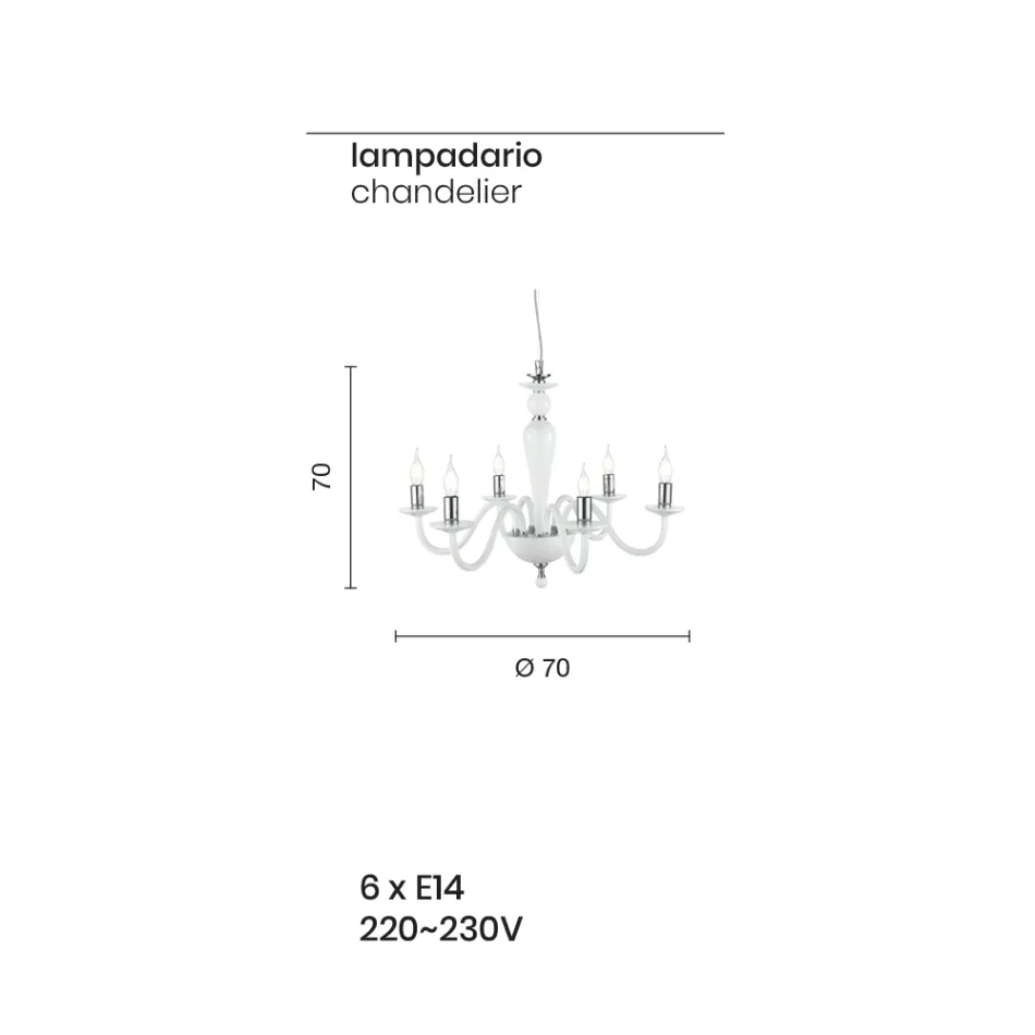 Lampadario Classico 6 Luci in Vetro Italiano a Mano e Metallo - Oliver Viadurini
