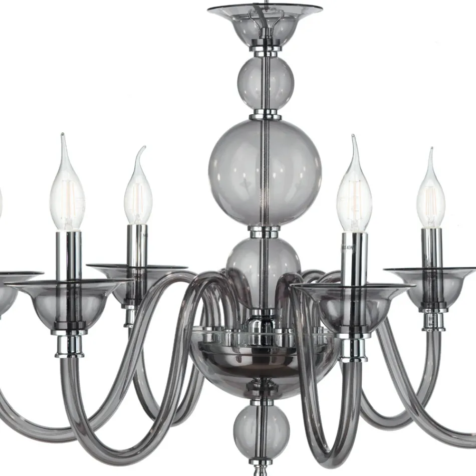 Lampadario Classico 6 Luci Vetro Fumè a Mano Italiano e Metallo - Memore Viadurini