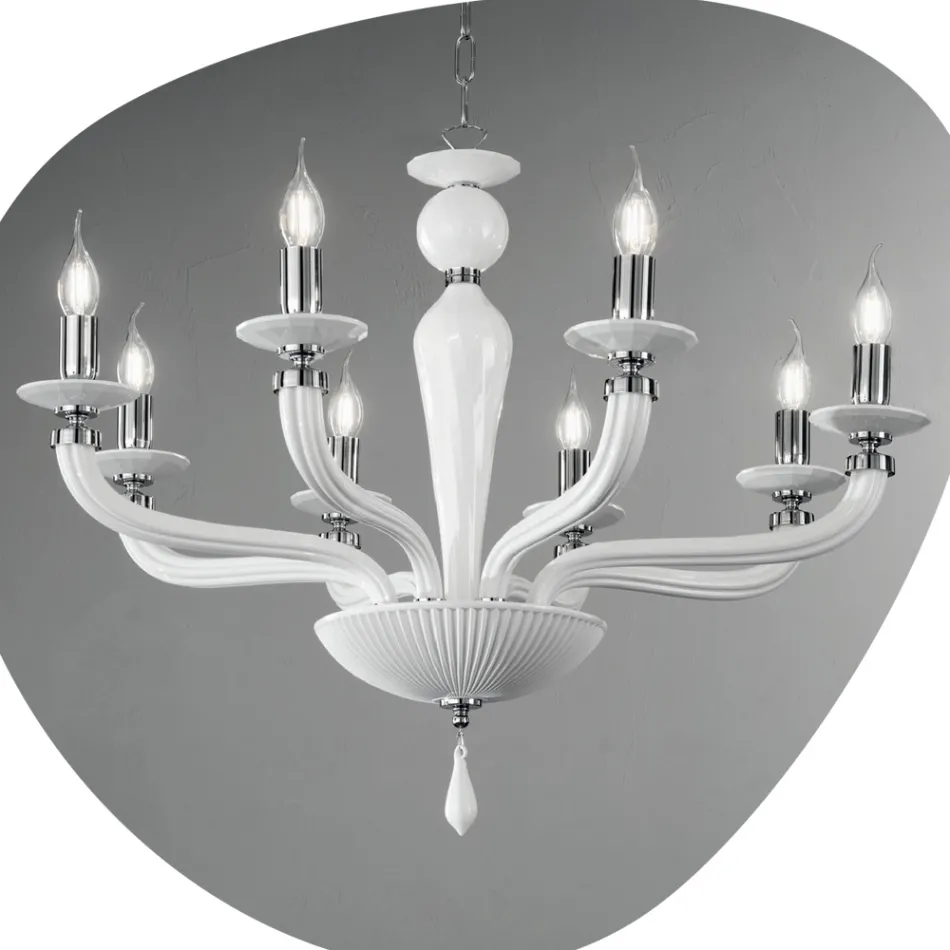 Lampadario Classico 8 Luci Vetro Fatto a Mano Rigaton e Metallo - Fievole Viadurini