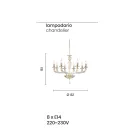 Lampadario Classico 8 Luci Vetro Fatto a Mano Rigaton e Metallo - Fievole Viadurini
