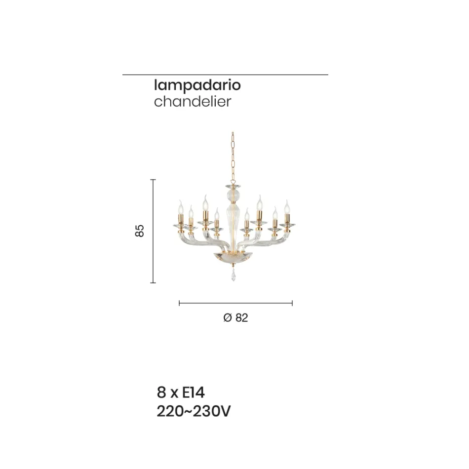 Lampadario Classico 8 Luci Vetro Fatto a Mano Rigaton e Metallo - Fievole Viadurini
