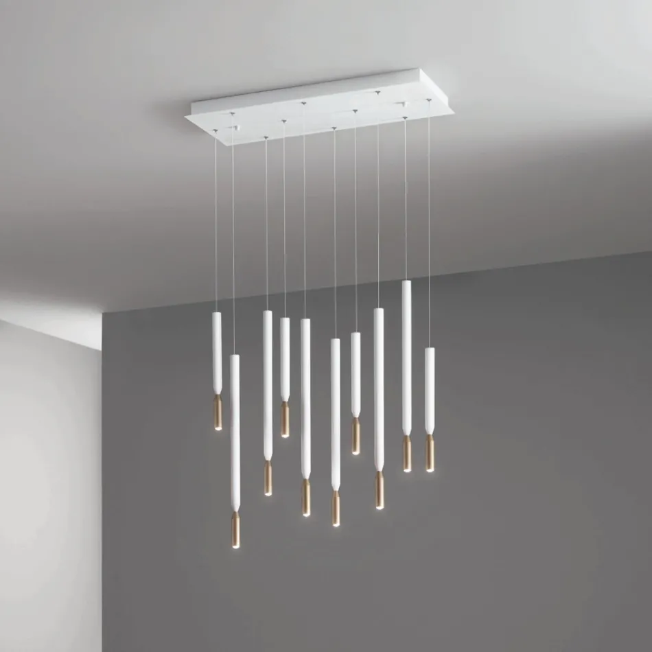 Lampadario con 10 Luci LED in Metallo Verniciato e Cavi Regolabili - Larice Viadurini