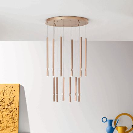 Lampadario con 12 Luci LED in Metallo Verniciato e Cavi Regolabili - Larice Viadurini