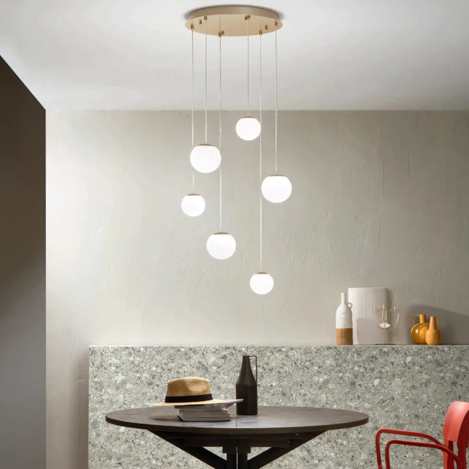 Lampadario con 6 LED Coperti da Vetro Opzionale e Base in Metallo - Faggio Viadurini