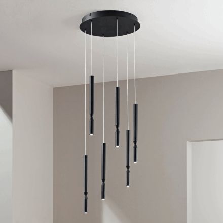 Lampadario con 6 Luci LED in Metallo Verniciato e Cavi Regolabili - Larice Viadurini