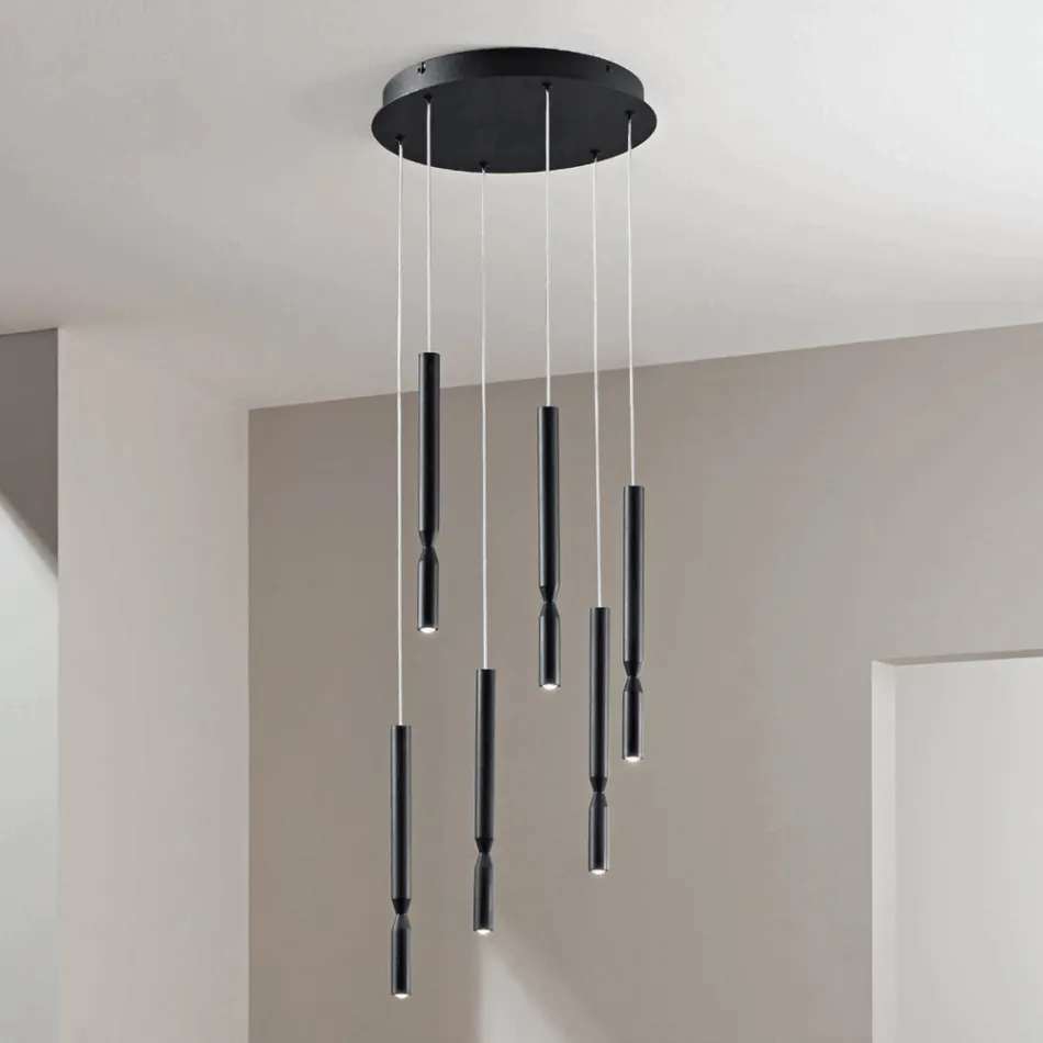 Lampadario con 6 Luci LED in Metallo Verniciato e Cavi Regolabili - Larice Viadurini