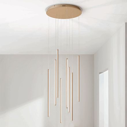 Lampadario con 8 Luci LED in Metallo Verniciato Oro e Cavetti Regolabili - Arancio Viadurini