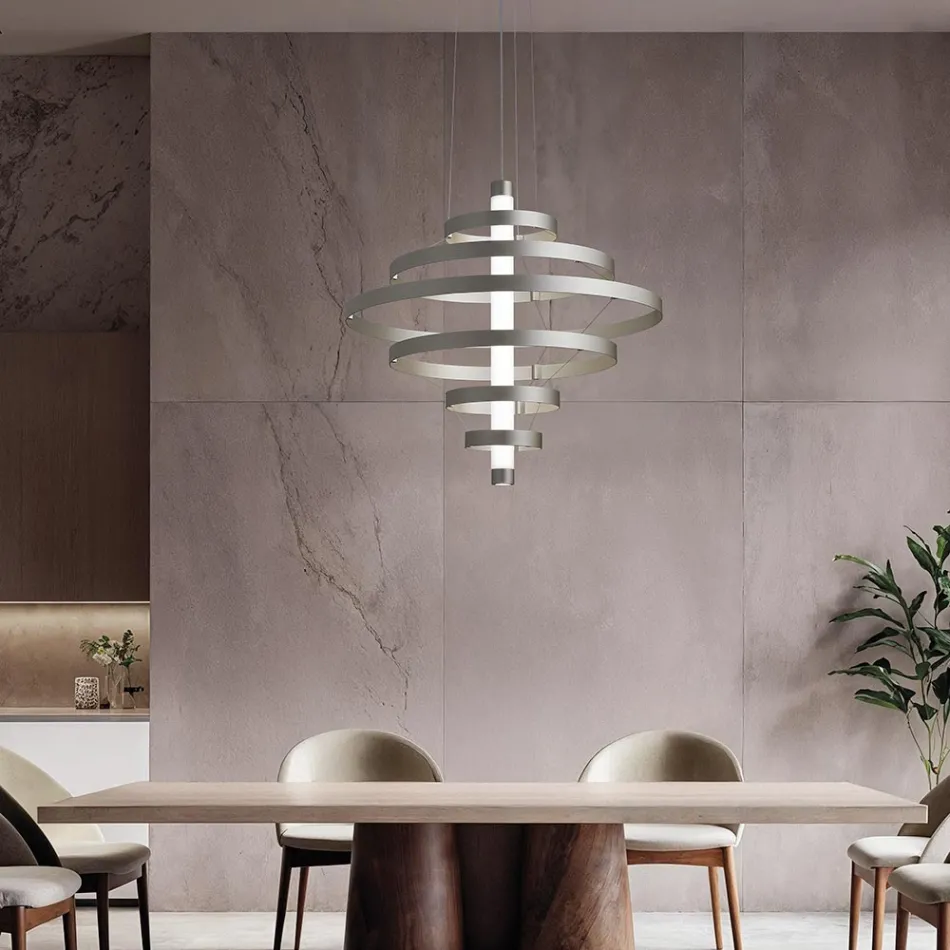 Lampadario con Corpo Luminoso in Vetro e 6 Cerchi in Alluminio - Clara Viadurini