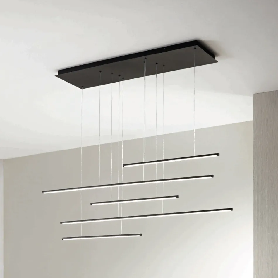 Lampadario con Luci LED Orizzontali in Metallo e Cavetti Regolabili - Arancio Viadurini