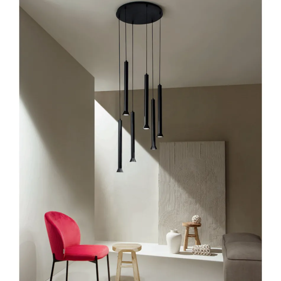 Lampadario con Montatura Metallica Verniciata Nero e Cavi Regolabili - Betulla Viadurini