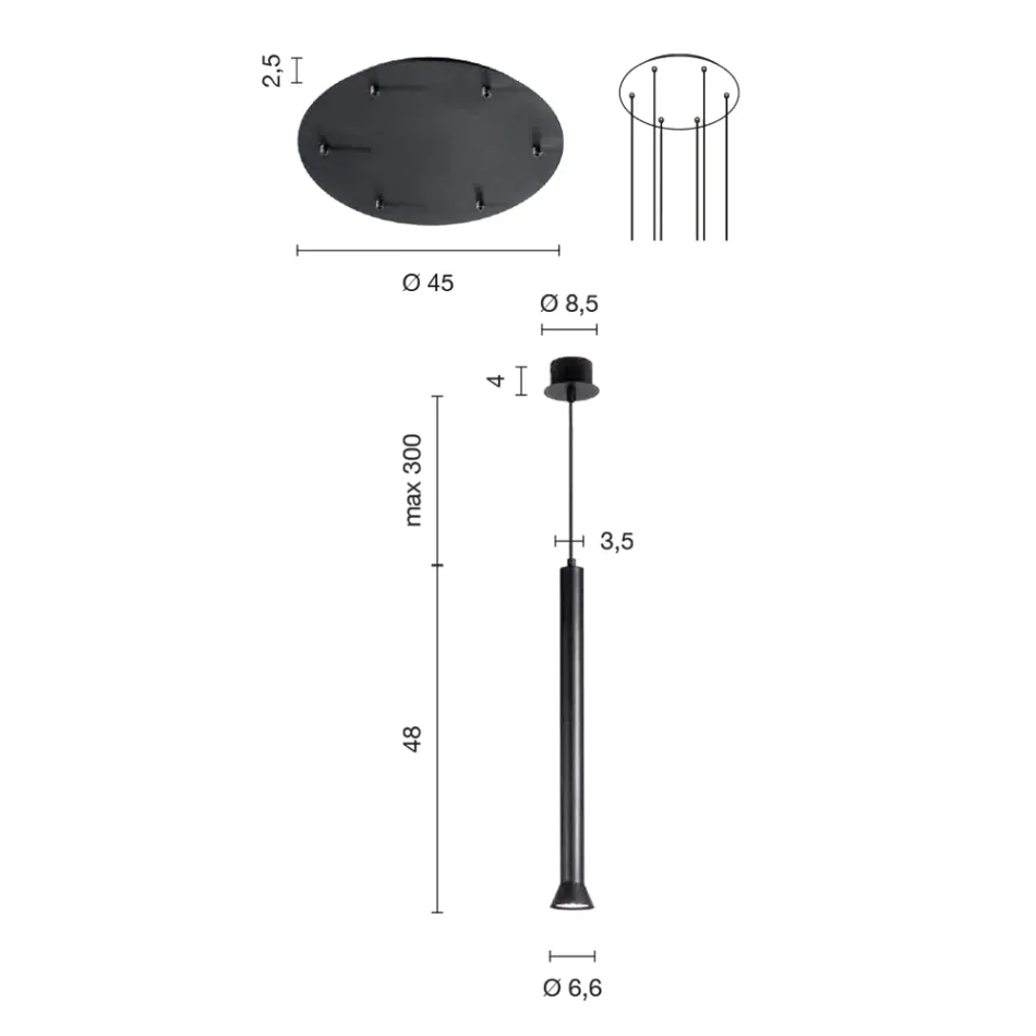 Lampadario con Montatura Metallica Verniciata Nero e Cavi Regolabili - Betulla Viadurini