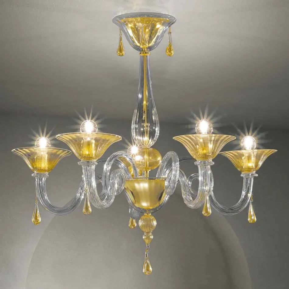 Lampadario da 5 Luci in Vetro di Venezia, Fatto a Mano in Italia - Margherita Viadurini