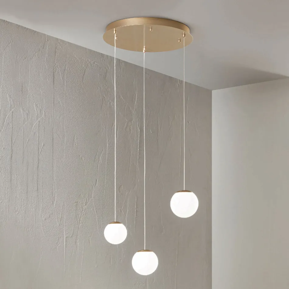 Lampadario in Metallo Verniciato Color Oro con 3 LED e Vetro Opzionale - Faggio Viadurini