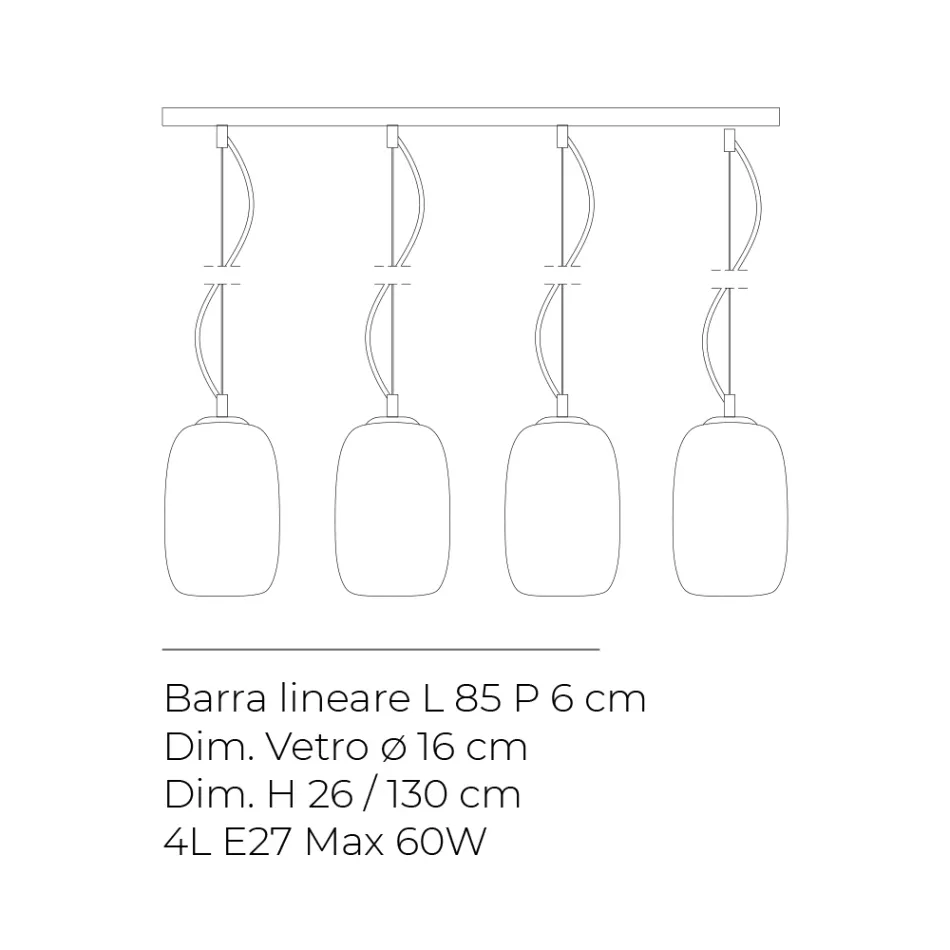 Lampadario Quattro Lumi su Barra Lineare in Vetro Soffiato Made in Italy - Soffio Viadurini