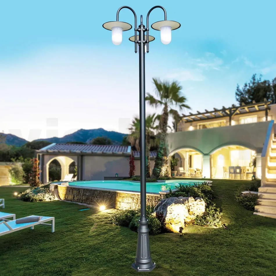 Lampione a 3 Luci Stile Vintage in Alluminio Grigio Made in Italy - Belen Viadurini
