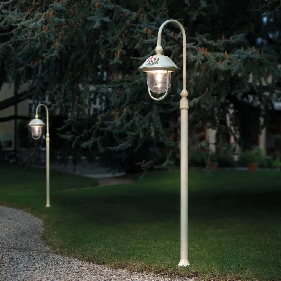 Lampione da Giardino in Alluminio Dipinto a Mano e Decoro Fiori - Bari Viadurini