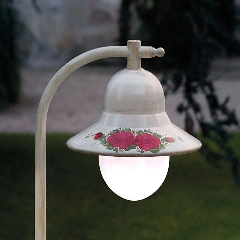 Lampione Esterno Alluminio Bianco e Decoro Fiori Dipinti a Mano - Imperia Viadurini