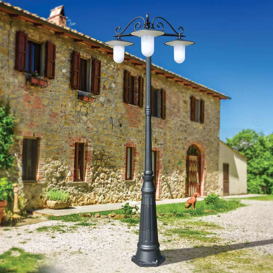 Lampione Stile Vintage a 3 Luci in Alluminio Grigio Made in Italy - Belen Viadurini