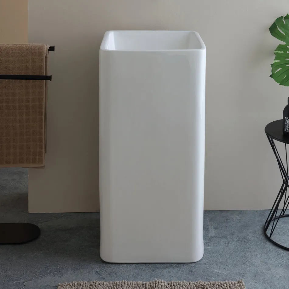 Lavabo a Terra Freestanding Quadrato in Ceramica dal Design Moderno - Papavero Viadurini