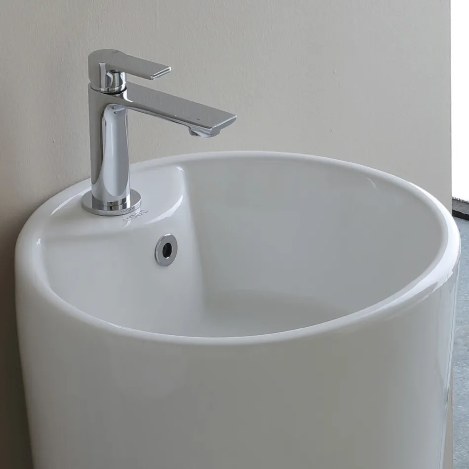 Lavabo a Terra Freestanding Tondo in Ceramica Bianca Moderna - Papavero Viadurini