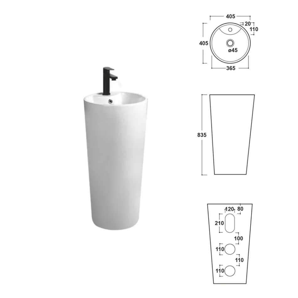 Lavabo a Terra Freestanding Tondo in Ceramica Bianca Moderna - Papavero Viadurini