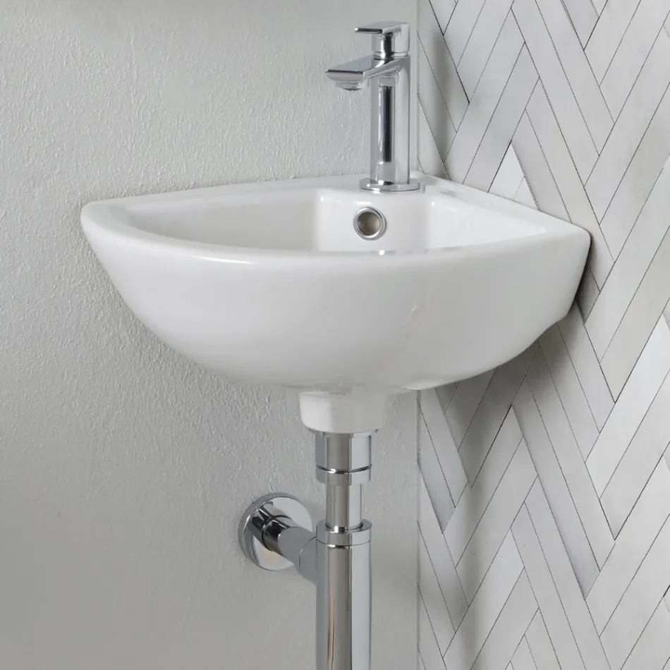 Lavabo ad angolo in Ceramica Bianca dal Design Moderno Elegante - Silice Viadurini