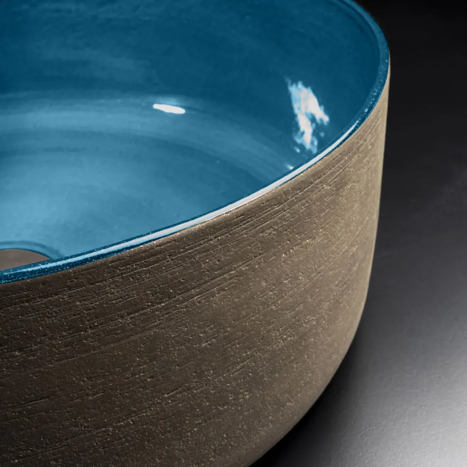 Lavabo Bagno da Appoggio Blu Realizzato in Argilla Refrattaria - Tatiana  Viadurini