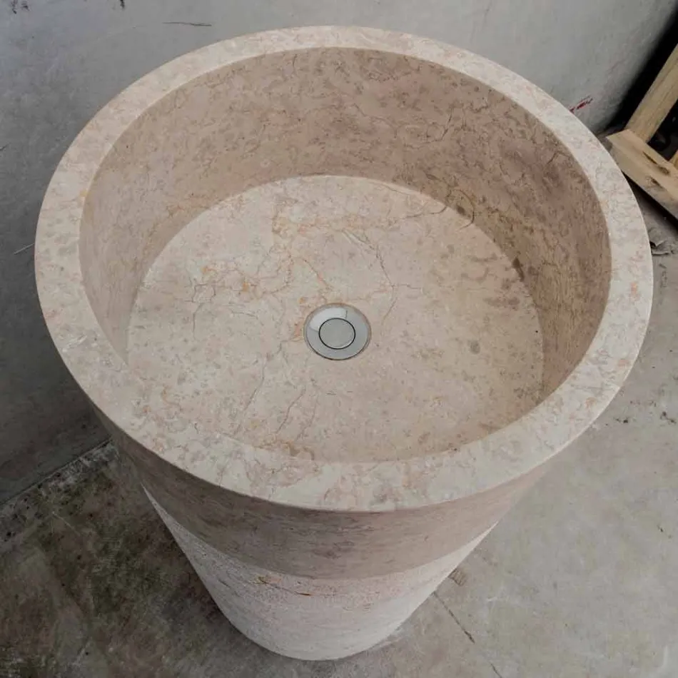 Lavabo Bagno Freestanding in Marmo Finitura Avorio Forma Cilindrica - Cremino Viadurini