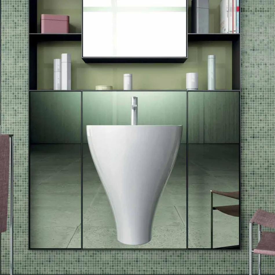 Lavabo bagno sospeso moderno in ceramica fatto in Italia, Fiorello Viadurini
